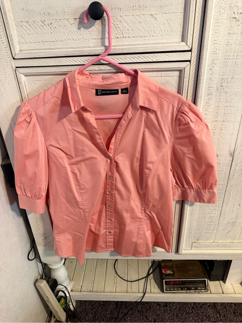NY Collection Coral Pink Puff-Sleeve Button-Front Shirt